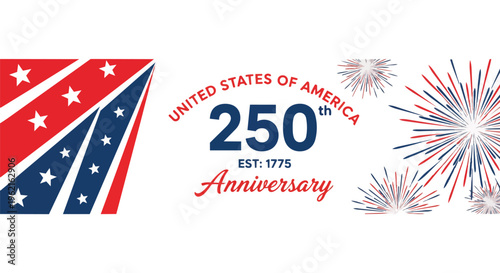 Patriotic vector illustration design with elements of the USA flag, fireworks, and anniversary badge, concept for national holiday promotions, Fourth of July, and event invitations.