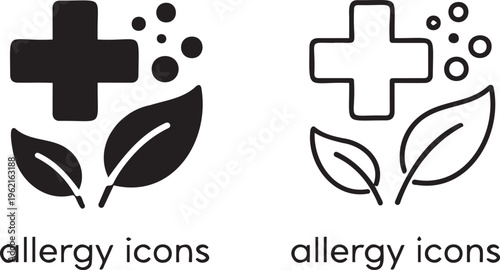 Allergy icons set with medical cross and leaves, seasonal allergy symptoms and pollen symbols, black line and solid vector icons for healthcare
