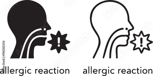 Allergic reaction icon set, medical profile of human head with throat swelling and exclamation mark, black silhouette and line art vector graphics
