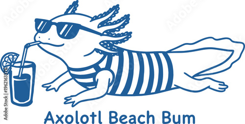 Axolotl wearing sunglasses and striped shirt drinking cocktail