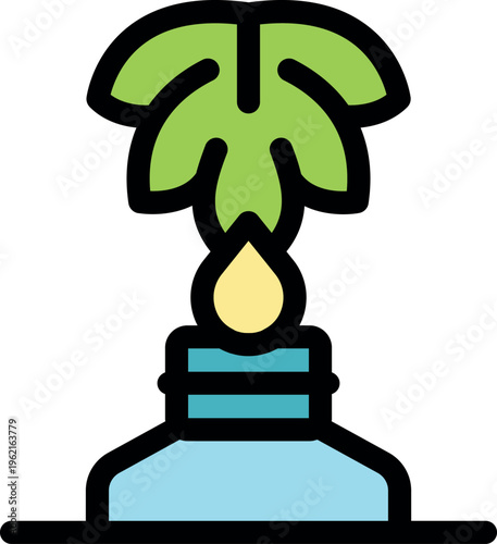 Drop of essential oil falls from a palm tree into a bottle, symbolizing natural extraction and the benefits of aromatherapy