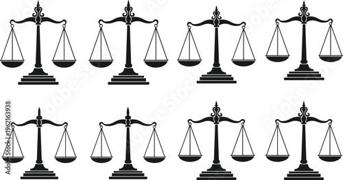 Justice scales icons set law balance legal symbol court fairness judgment authority vector illustration design collection
