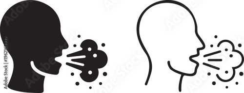 Coughing and sneezing icon set, human head profile with respiratory droplets, black silhouette and line art vector for medical healthcare infographics