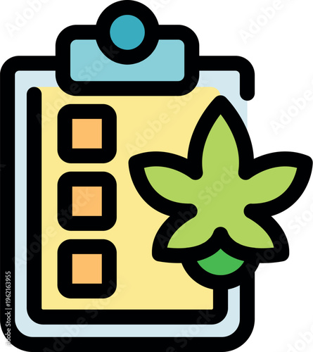 Clipboard with checklist and cannabis leaf symbolizing medical marijuana and healthcare
