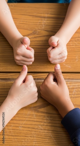 Four fists on a wooden table.
