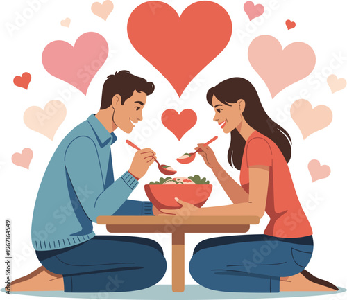Couple Eating Salad Together Surrounded by Hearts, Romantic Dinner Illustration