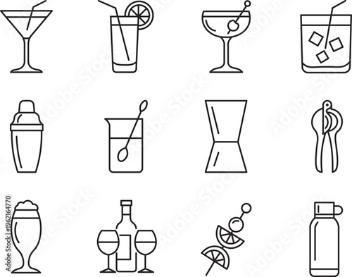 Cocktail and Bar Tools Icon Set Line Art Transparent Background