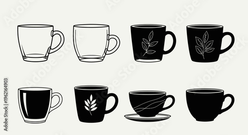 Glass and ceramic coffee mug collection with plant leaf patterns including transparent cups black mugs with botanical design handle styles for tea and espresso
