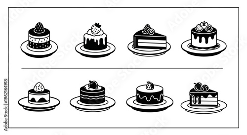 Sweet cake slices and pastry desserts on plates featuring fruit toppings like strawberries and cherries with chocolate sauce drizzle and layered sponge designs