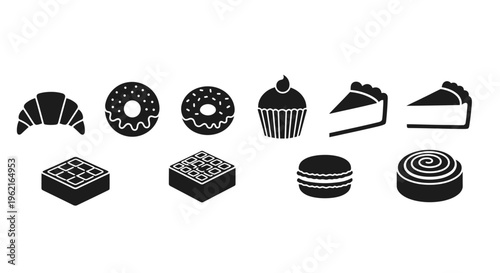 Bakery pastry and dessert black icons set, isolated sweet food on white background, collection of gourmet baked goods illustrations