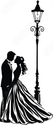 Minimal abstract vector illustration of romantic couple silhouette vintage street lamp elegant outline design symbolizing love intimacy nostalgia and wedding celebration