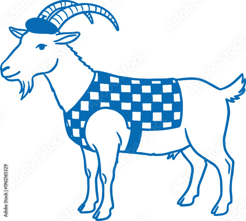 blue goat wearing checkered shirt and beret standing