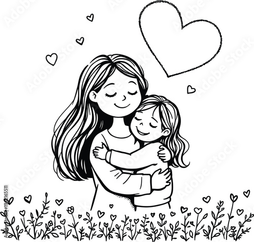 Minimal abstract vector illustration of mother child embrace surrounded hearts floral border elegant outline design symbolizing maternal love family unity and emotional affection