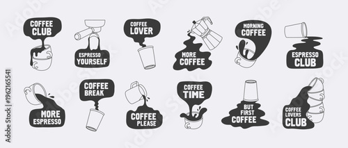 Coffee concept design with quotes. Outline illustrations set of coffee cup, paper cup, pitcher, coffeemaker, spilling and pouring coffee. Modern minimal doodles for cafe menu, decoration, coffeeshop