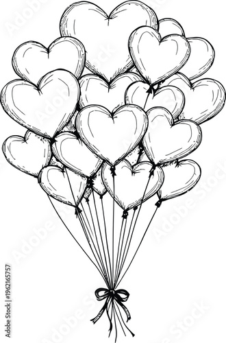 Minimal abstract vector illustration of clustered heart balloons tied ribbon elegant outline design symbolizing love celebration romance and festivity