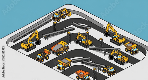 Isometric View of Construction Vehicles on a Winding Road.