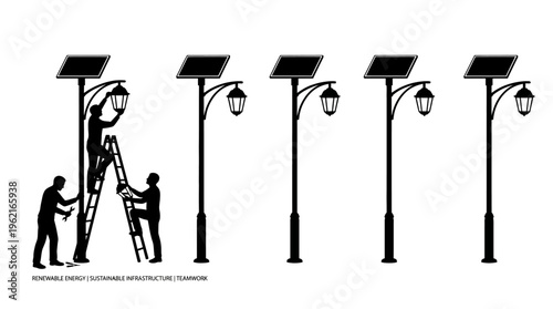 Silhouette workers installing solar street lights with panels and LED fixtures, symbolizing renewable energy, sustainable infrastructure, urban development.