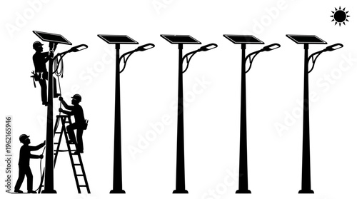 Silhouette workers installing solar street lights with panels and LED fixtures, symbolizing renewable energy, sustainable infrastructure, urban development.