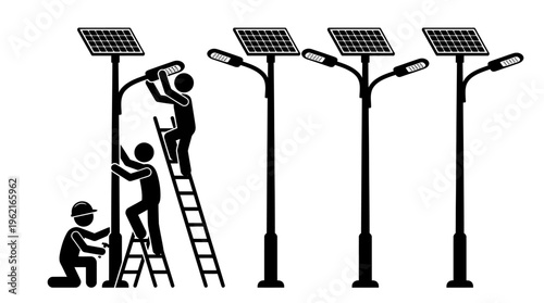 Silhouette workers installing solar street lights with panels and LED fixtures, symbolizing renewable energy, sustainable infrastructure, urban development.