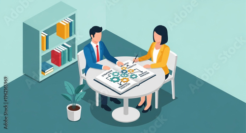 Business Meeting Brainstorming Session with Team Members at Round Table.