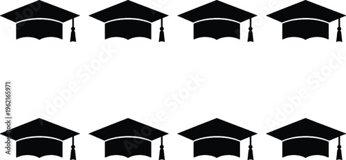 Eight black graduation cap icons arranged in two rows, representing academic achievement, education, commencement ceremonies, and the pursuit of knowledge.