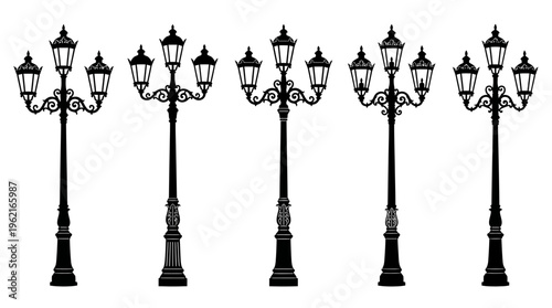 Row of ornate vintage street lamps with decorative scrollwork, symmetrical lanterns, artistic urban design, classic architecture, elegant illumination style.