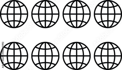 Eight black globe icons arranged in two rows, representing global connectivity, international business, travel, the internet, and worldwide communication.