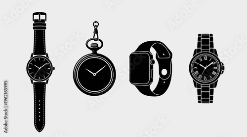 Silhouette timepieces set: analog wristwatch, pocket watch, digital smartwatch, metal band watch, showcasing evolution, diversity, craftsmanship, style.