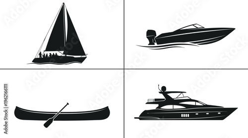 Silhouette watercraft set: sailboat, motorboat, canoe, luxury yacht, showcasing diverse nautical designs, leisure, sport, transportation, maritime artistry.