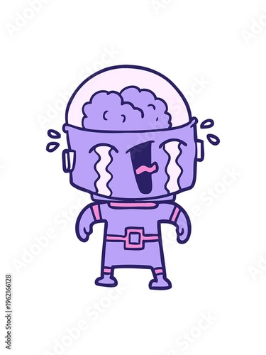 power up animation of cartoon of a crying robot