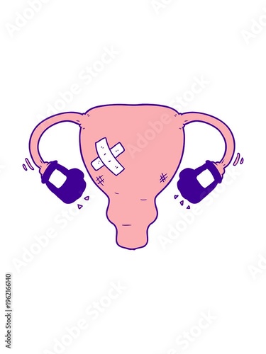 neon light effect animation of cartoon beat up uterus with boxing gloves in bright glow color