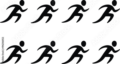 Eight dynamic black silhouette figures in a running pose, depicting motion and activity, suitable for sports, fitness, or progress indicators, isolated on a clean white background.