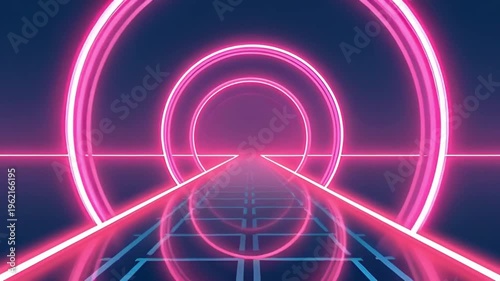Futuristic Neon Wormhole Interstellar Pathway Futuristic Neon Tunnel with Glowing Pink Circles and Reflections