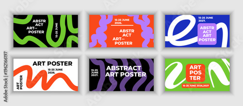 Creative concept of horizontal posters or covers with modern abstract design with hand drawn wavy shapes and lines. Bright art templates for ads, branding, banner or flyer, cover, label, print, sales.