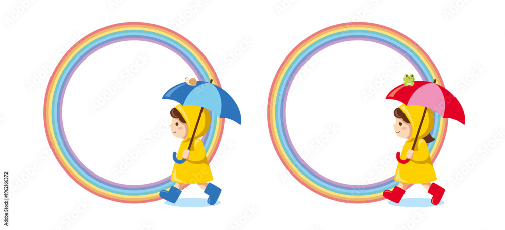 Fototapeta premium 梅雨の時期に使える男の子と女の子の虹色丸型イラストフレーム素材セット / Rainy season boy and girl rainbow circular frame set