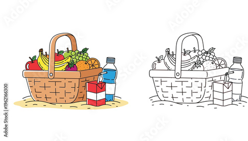 Picnic Basket Filled with Healthy Fruits Juice Box and Water Bottle on Sand Set of Colored and Line Art Outline Vector Illustration for Kids Coloring Book and Summer Education