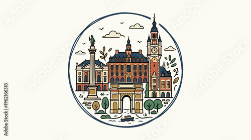 Stylized Cityscape in a Circular Frame