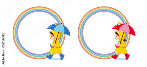 梅雨の時期に使える男の子と女の子の虹色丸型イラストフレーム素材セット / Rainy season boy and girl rainbow circular frame set
