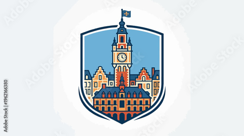 Stylized Vector Image of a City Hall and Clock Tower