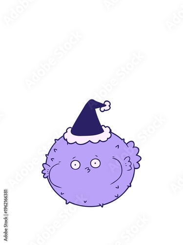 stretching up animation of hand drawn line drawing of a puffer fish wearing santa hat