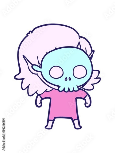 bobbing motion animation of happy cartoon elf girl wearing skull mask