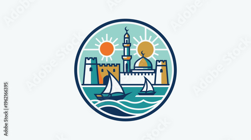 Coastal City Emblem with Mosque and Sailing Boats