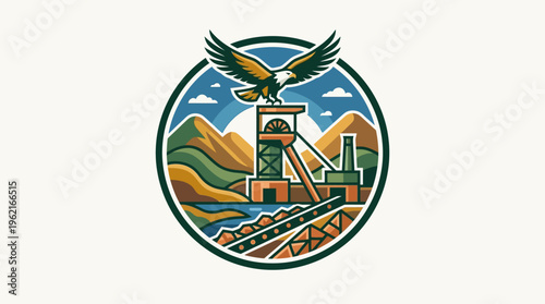 Mining Industry Emblem with Eagle and Landscape