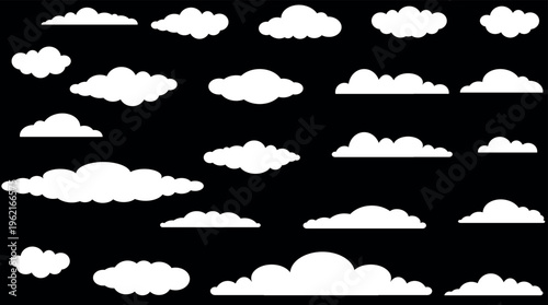 Set of Diverse White Cloud Silhouettes and Flat Weather Vector Shapes on Black Background