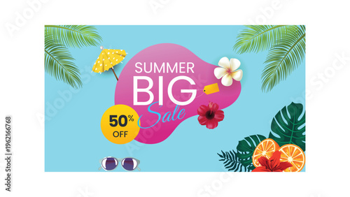 Summer big sale promotion banner with abstract shape, flowers, sunglasses, and umbrella, advertising promo on a light green summer tropical background with palm leaves