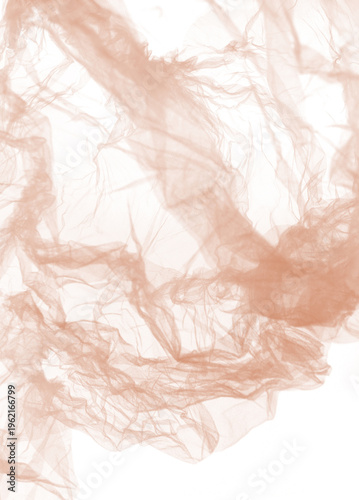 Sepia tulle fabric in blur motion isolated on white background. Abstract study of nude tulle net transparent material.