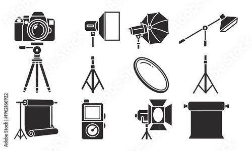 Photography Studio Equipment Icons Set Camera Lighting Tripod Softbox Vector Illustration Collection