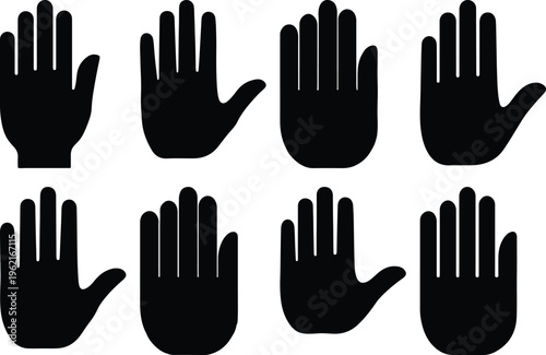 Eight black vector silhouettes of open human hands with extended fingers, ideal for graphic design, UI/UX, symbolic gestures, stop signs, or welcome, isolated.