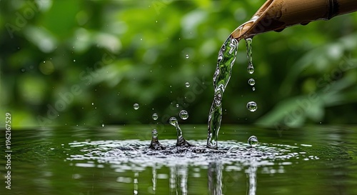 Clear water flows from bamboo into a pond with splashes and bubbles