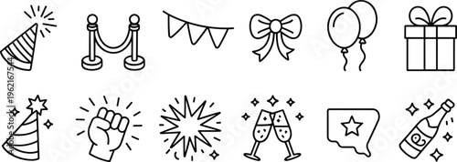 Black line for celebration party with hats balloons gifts line festive